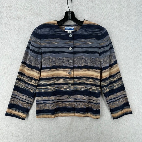 Vintage Pendleton 100% Silk Top Womens 4 Blue Beige Aztec Southwestern Blouse‎ - Picture 1 of 15